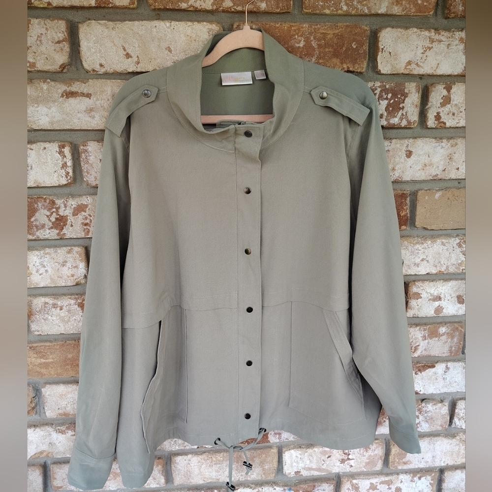 Belle Kim Gravel Women's Green Sandwashed Zip Up Twill Utility Jacket Sz 2X
